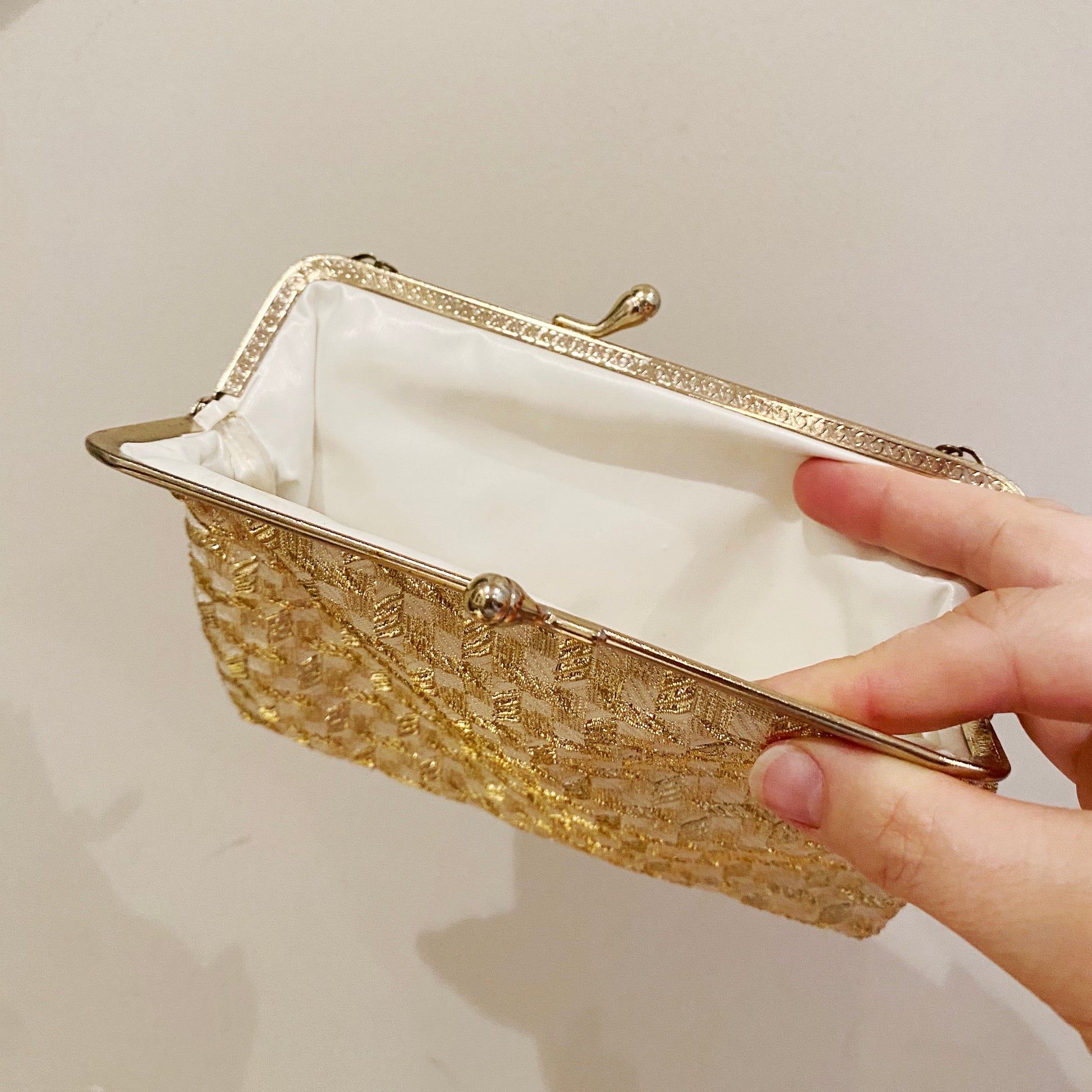 Mid-century retro gold tinsel purse, collectible evening bag”