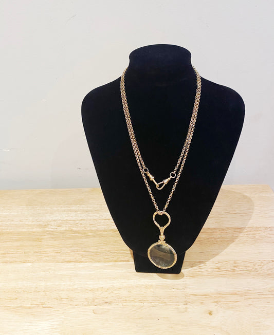 Retro 1980s Quizzer necklace on vintage watch chain, gold-plated pendant.