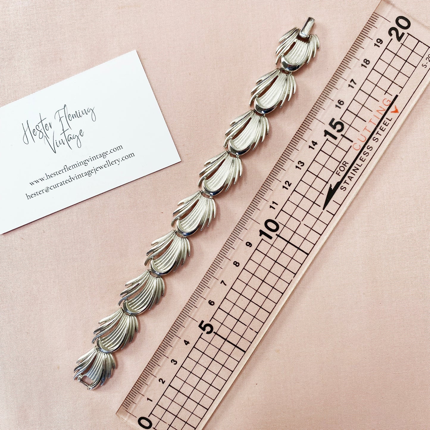 1950s Trifari silver leaf bracelet, classic vintage costume jewellery measurement.