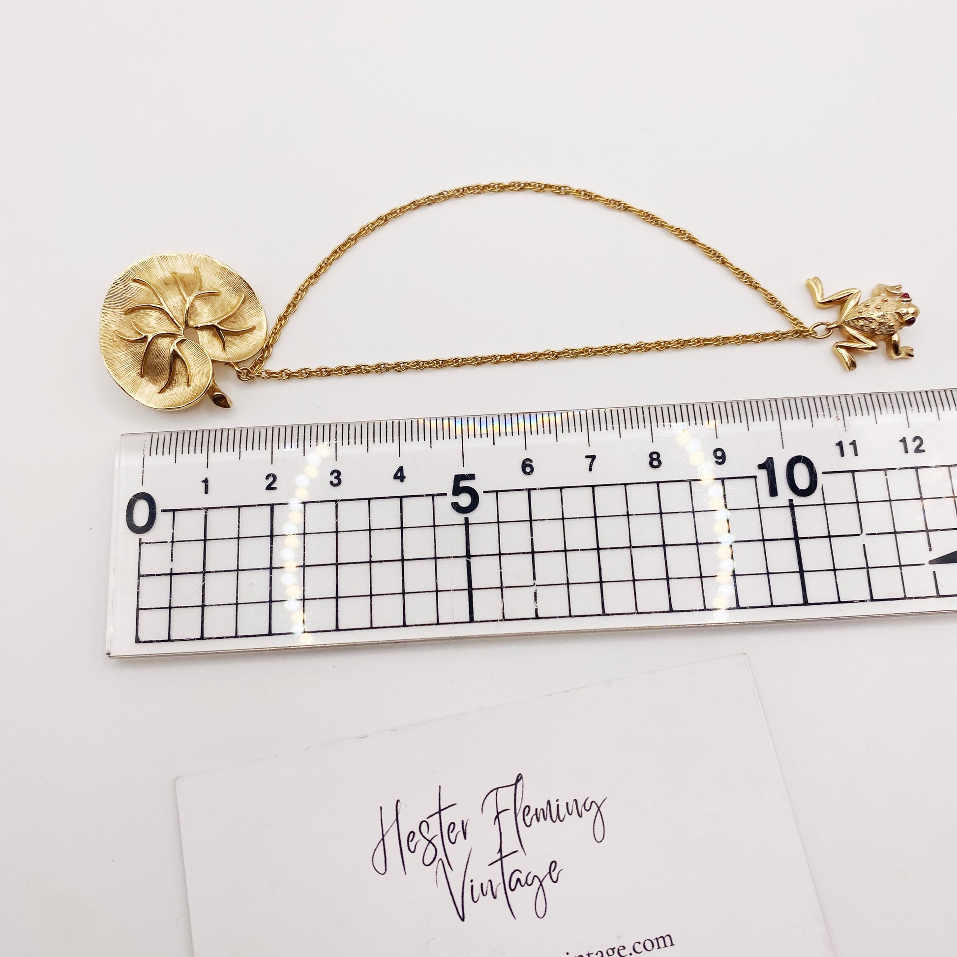 1960s Trifari frog and lily pad brooch with double chain attachment measurement.