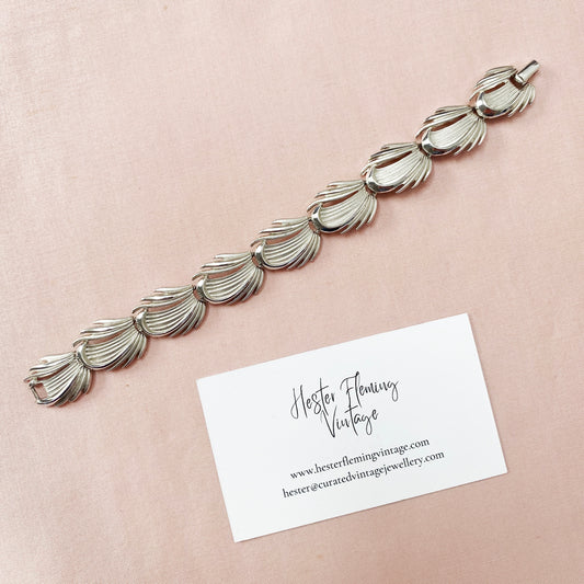 Mid-century retro Trifari bracelet, 1950s vintage silvertone jewellery