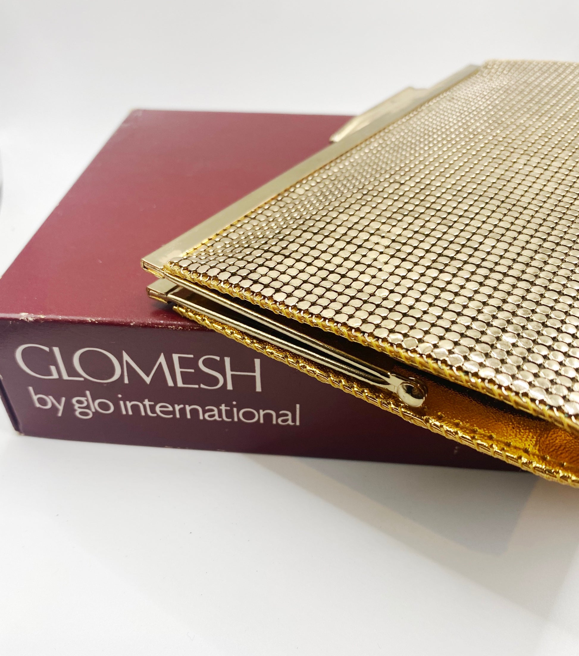 Vintage 1977 Glomesh Clutch Bag Gold Mesh Evening Purse, Made in