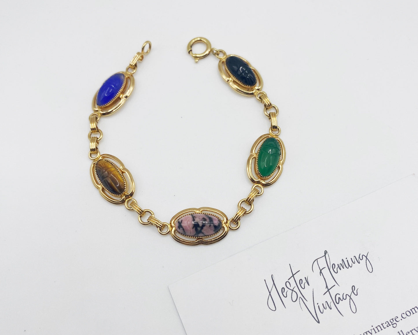 Vintage 1970s Egyptian Revival gold-filled scarab bracelet – full view