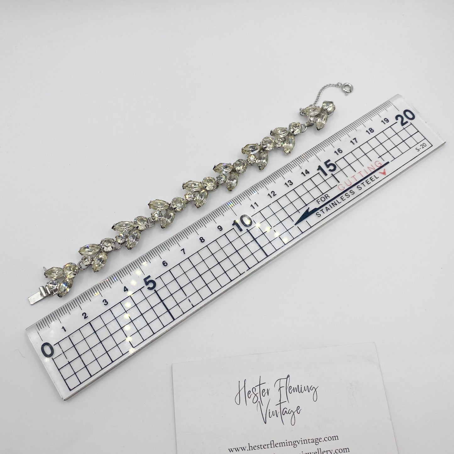 Kramer of NY rhinestone bracelet shown next to ruler measuring approximately 19–20 cm. For a smaller wrist size. 