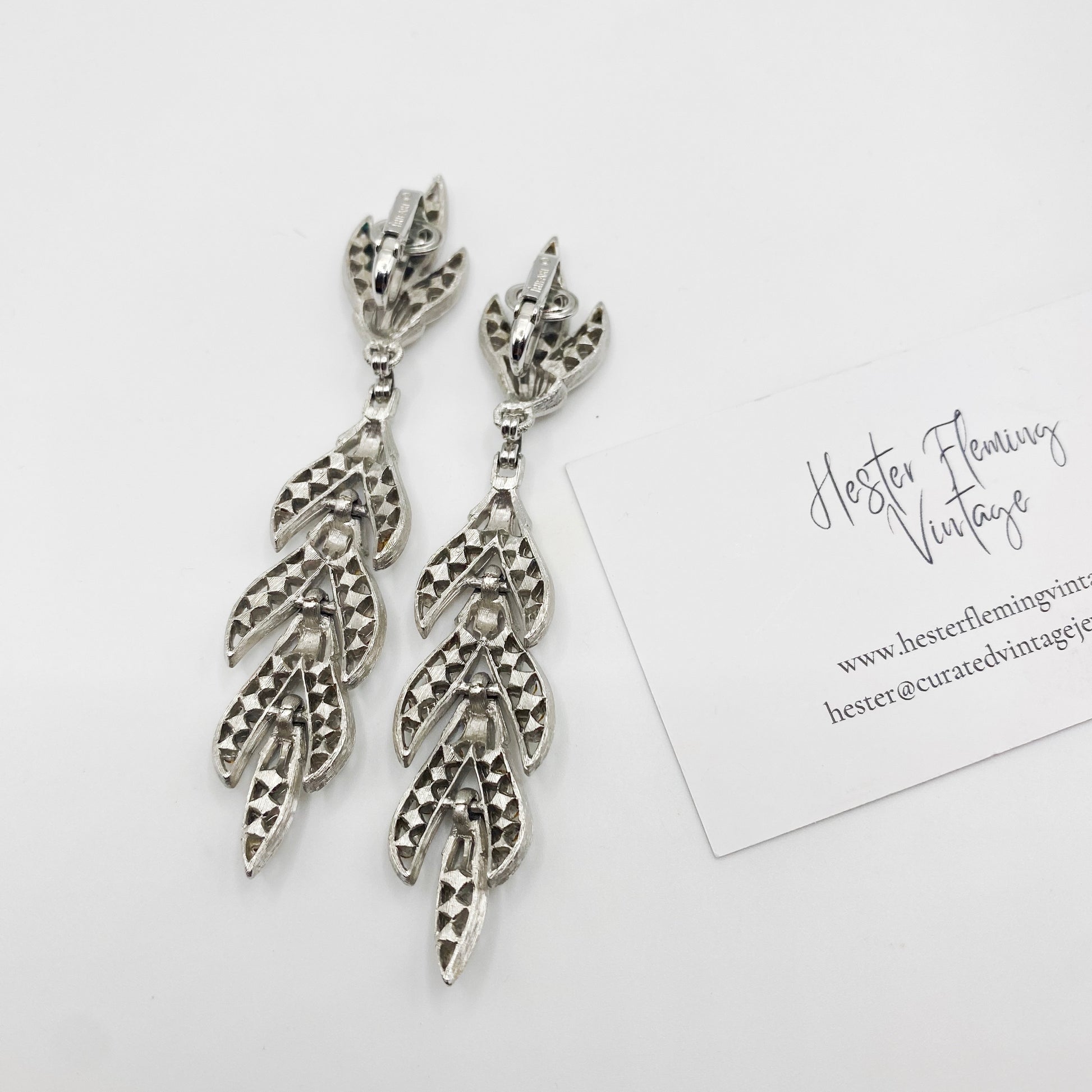 Signed Crown Trifari vintage crystal dangle earrings, 1950s designer jewellery.