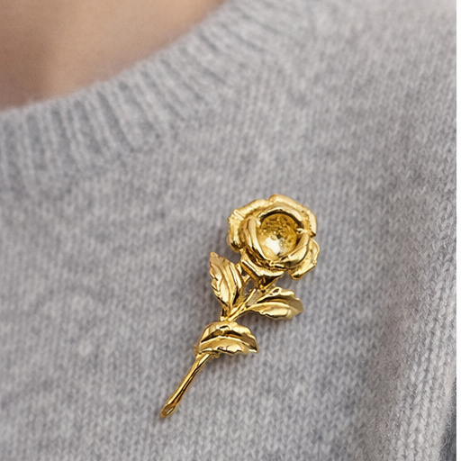 Style shot of the Vintage Rose brooch on a grey knit.
